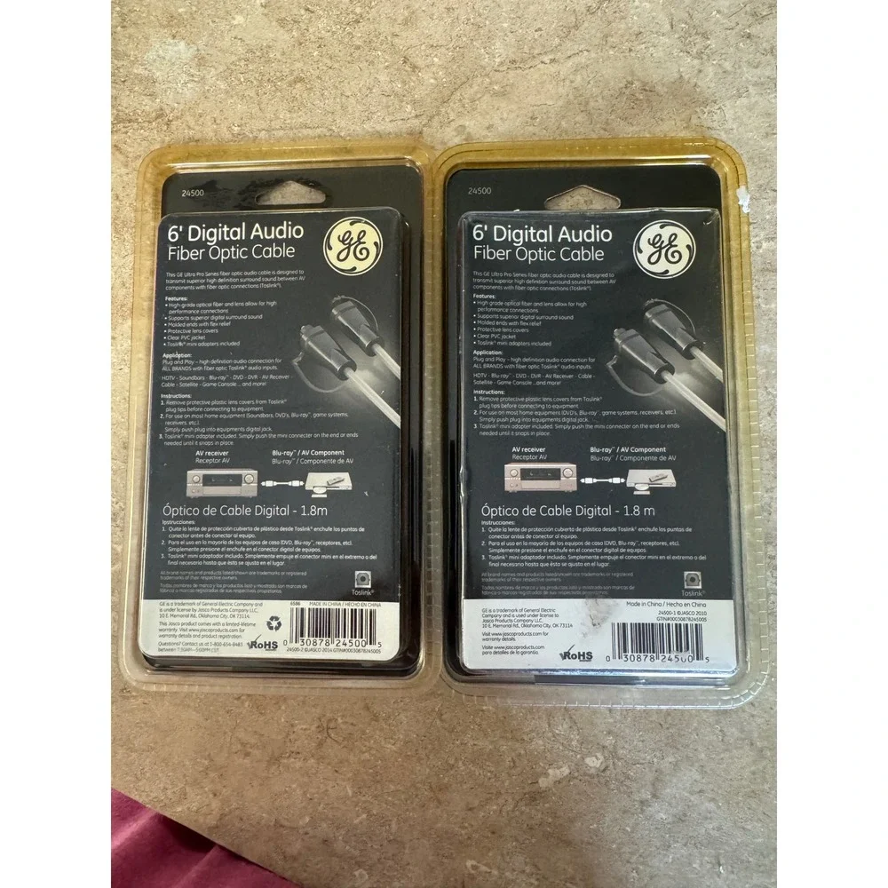 GE Ultra Pro 6ft Digital Audio Fiber Optic Toslink Cable 24500 Lot of 2 New